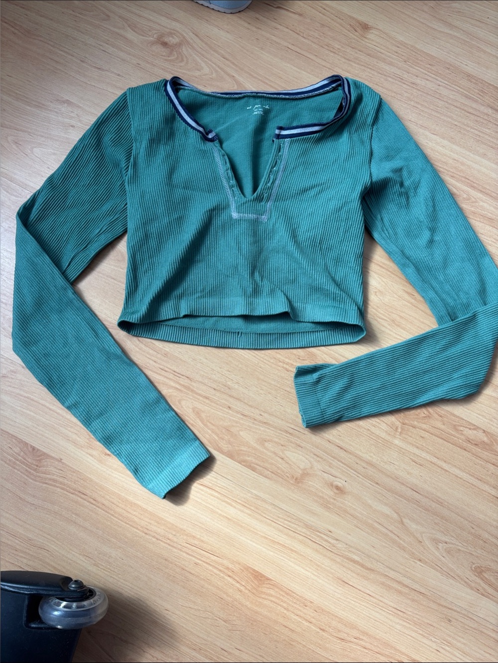 Free People Teal Ribbed Long Sleeve Crop Top